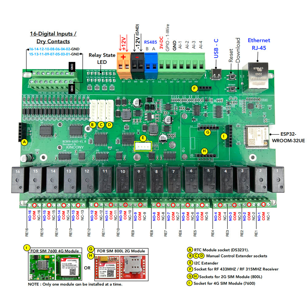 KinCony A16S 16 Channel ESP32 4G Relay Board