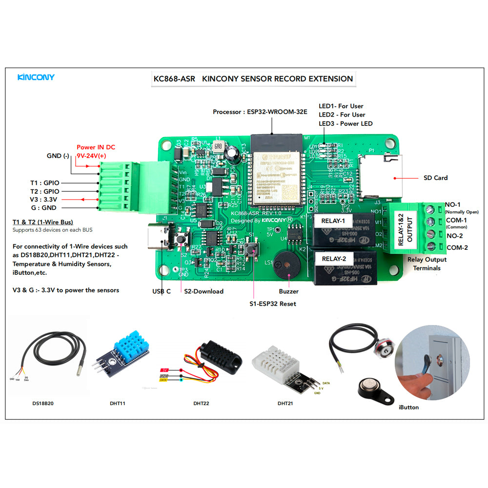 KinCony KC868-ASR ESP32 SD card sensor RTC record board